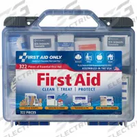 FIRST AID ONLY First Aid Kit and Housing: Gen Purpose, 50 People Served, 322 Components, Plastic (MPN 91413). Key specifications — Adhesive Bandages Included: (20) Butterfly Wound Closures; Application: General Purpose; Brand: FIRST AID ONLY; Housing Color: Blue; Housing Material: Plastic; Includes Oral or Inhalant Medication: No Medication Included; Mountable: Portable; Oral and Inhalant Medicinals Included: No Oral/Inhalant Medicinals.