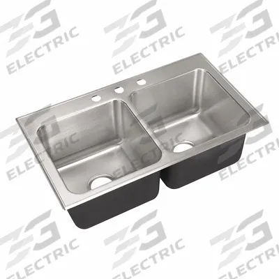 JUST MANUFACTURING Kitchen Sink: 37 in Overall Lg, 22 in Overall Wd, 10 1/2 in Bowl Dp - Two-Bowl Counter-Mounted Kitchen & Bar Sinks without Faucets