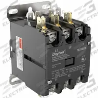 DAYTON Definite Purpose Magnetic Contactor: 3 Poles, 24V AC, 25 A, Non-Reversing (MPN 783Y02). Key specifications — Brand: DAYTON; Coil Voltage: 24V AC; Contactor Style: HVACR Definite Purpose Contactor; Mounting Style: Through Panel; Terminal Connection Type: Box Lugs; Maximum Voltage Rating: 600V AC; Phase: Three; Main Pole Contact Form: 3NO.