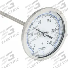 ASHCROFT Dial Thermometer: 0°F to 250°F /-20°C to 120°C, ±1% Accuracy, 9 in Stem Lg, 3 in Dial Dia (MPN 30EI60R). Key specifications — Accuracy: ±1 %; Brand: ASHCROFT.