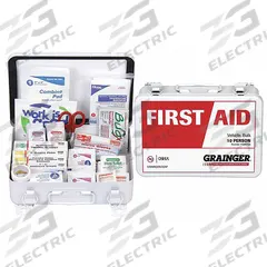 FIRST AID ONLY First Aid Kit and Housing: Vehicle, 10 People Served, 80 Components, Metal (MPN 54553). Key specifications — Adhesive Bandages Included: (4) Knuckle Bandages; Application: Vehicle; Brand: FIRST AID ONLY; Housing Color: White; Housing Material: Metal; Includes Oral or Inhalant Medication: Medication Included; Mountable: Wall Mount; Oral and Inhalant Medicinals Included: (6) Non-Aspirin Pain Relievers.