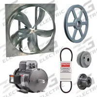 Exhaust Fan with Drive Package: Belt Drive, 42 in Blade, 3 hp, 28,101 cfm, 115/230V AC, 1 ph (MPN 7M821). Key specifications — Frame Finish: Zinc Plated; Assembled: Unassembled; Brand: DAYTON; Nameplate Voltage: 115/230V AC; Frame Material: Steel; Guard Type: None; Motor Insulation: Class F; Motor Enclosure: Totally Enclosed Fan Cooled.