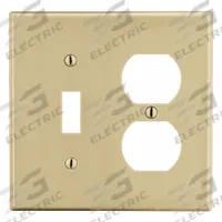 HUBBELL Wall Plate: Combo, 2 Gang, Ivory, Std Size (MPN P18I). Key specifications — Brand: HUBBELL; Material: Polycarbonate.