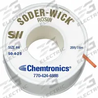 CHEMTRONICS Desoldering Wick: Rosin Flux, # 4, 0.11 in, 25 ft, Blue, Std (MPN 50-4-25). Key specifications — Color: Blue; Brand: CHEMTRONICS; Manufacturer Part Number: 50-4-25.