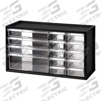 WESTWARD Drawer Bin Cabinet: 17 3/4 in x 7 in x 9 3/4 in, 14 Drawers, Stackable, Polystyrene, Black (MPN 31TT95). Key specifications — attr66719: Polystyrene; attr66728: Yes; attr66722: Clear; attr66720: Drawer; attr66714: Assembled; attr66726: (10) 1-1/2 in x 3-1/2 in x 6-1/4 in; attr66716: Black; attr66753: Polystyrene.