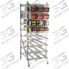 NEW AGE Can Rack: Full Size, 9 Shelves, 162 Cans Held, Stationary, 71 in Overall Ht, 35 in Dp (MPN 1250). Key specifications — Material: Aluminum; Brand: NEW AGE; Full Size/Half Size: Full Size; Mobile/Stationary: Stationary; NSF Certified: Yes.