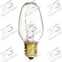 SATCO Incandescent Bulb: Candelabra Screw (E12), Incandescent, (C) Candle, C7, 7 W Watt, 2700K (MPN S3691). Key specifications — Bulb Shape: C7; Voltage: 120V AC; Bulb Finish: Clear; Color Temperature: 2700K; Brand: SATCO.