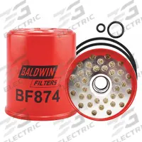 BALDWIN FILTERS Fuel Filter: Spin-On, 3 1/2 in Outside Dia, 3/4 in Inside Dia, Cellulose, BF874. Key specifications — attr1137520: BF874; attr434022: BALDWIN FILTERS; attr427730: Cellulose; attr427731: (2) Furnished Gasket; attr1017113: Winpower.