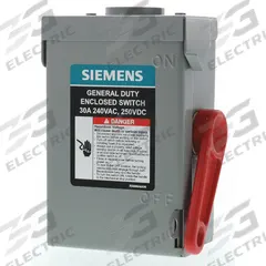 SIEMENS Safety Switch: Non-Fusible, 30 A, Three Phase, 240V AC, Galvanized Steel, Indoor/Outdoor (MPN GNF321RA). Key specifications — attr867131: SIEMENS.