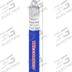 WESTWARD Brazing Alloy: Nickel Silver, 0%, RBCuZn-D, 3/32 in x 36 in, Flux-Coated, 40 PK (MPN 30AC77). Key specifications — Tensile Strength: 70 ksi; Yield Strength: Not Rated; Manufacturer Part Number: 30AC77; Brand: WESTWARD; pack-container: 40/pk.
