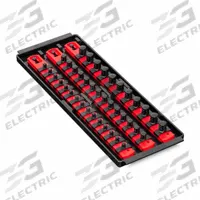 ERNST MANUFACTURING Twist-Lock Socket Organizer Tray: Red, 5 5/16 in Overall Wd, 40 Posts/Slots (MPN 8490). Key specifications — attr1125333: I.D. Stickers; attr1125348: Plastic; attr1125346: ERNST MANUFACTURING; attr1125347: Red; attr1136588: Sockets; attr1125364: Socket Rail.