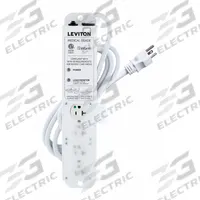 LEVITON Outlet Strip: 4 Outlets, 7 ft Cord Lg, 644 J Rated Energy, 20 A Current, White, 5-20P, 5-20R (MPN 53C4M-2N7). Key specifications — Brand: LEVITON; Mounting Style: Screw.