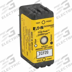 BUSSMANN Fuse: Class CF, TCF Series, Time-Delay, 20 A, 600 V AC, 300 V DC, Indicating (MPN TCF20). Key specifications — Brand: BUSSMANN; Series: TCF.