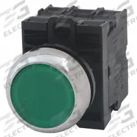 EATON Illuminated Push Button: Illuminated, Flush Profile, Metallic, 22 mm, 2NO (MPN M22M-DL-G-K20-230G). Key specifications — Brand: EATON; Action: Momentary; Series: M22; Push Button Material Type: Metallic.