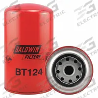 BALDWIN FILTERS Oil Filter: BT124, 7/8"-16 Thread Size, 7 3/8 in Overall Ht, 4 1/4 in Outside Dia. Key specifications — Baldwin Interchange: BT124; Brand: BALDWIN FILTERS; Compatible Vehicle Make: Oliver; Includes: Anti-Drainback Valve; Media Material: Cellulose.