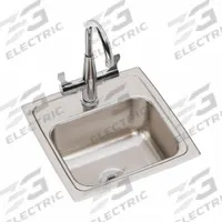 ELKAY Bar Sink: 15 in Overall Lg, 15 in Overall Wd, 7 in Bowl Dp, 12 in Bowl Lg, 1 Bowls, 18 ga (MPN BLR150C). Key specifications — Faucet Operation: Dual Manual Handle; Brand: ELKAY; Color Family: Silver/Gray.