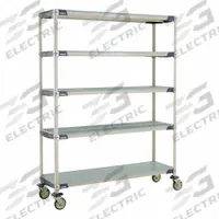 METRO Utility Cart: 62 in x 20 in, 79 in Overall Ht, 5 Shelves, Antimicrobial/Corrosion-Resistant (MPN 5X367EGX3). Key specifications — Resistance Properties: Antimicrobial; Corrosion-Resistant; Shelf Configuration: Standalone; Brand: METRO; NSF Approved: Yes; Number of Shelves: 5; Caster Wheel/Configuration: (2) Swivel Casters; Material: 304 Stainless Steel.