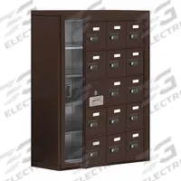 SALSBURY INDUSTRIES Cell Phone Locker: 24 in x 9 1/4 in x 31 in, 5 Tiers, 3 Units Wide, 14 Lockers (MPN 19158-15ZSC). Key specifications — Mounting Style: Surface; Brand: SALSBURY INDUSTRIES; Handle Type: None; Locker Color: Bronze; Locker Material: Aluminum; Frame Assembled: Assembled; Lock Type: Combination.