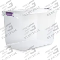 HOMZ Storage Tote: 28 gal, 28 3/4 in x 16 in x 18 1/4 in, Clear Body, Clear Lid, Not NSF Certified (MPN 3450GRPRCL.06). Key specifications — attr1188666: Plastic; attr1188671: Rounded; attr1188675: Clear; attr1188676: Clear; attr1188687: HOMZ; attr1188688: Not NSF Certified; attr1188689: Nesting Capable.