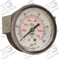WINTERS Panel-Mount Pressure Gauge: U-Clamp, 0 psi to 100 psi, 2 1/2 in Dial, 1/4 in NPT Male, IP52 (MPN P9U901439UC). Key specifications — Accuracy: ±2-1-2%; Brand: WINTERS; Vibration Resistance Properties: Dry Case Vibration-Dampened; Gauge Wetted Parts: Brass / Bronze.