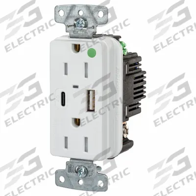 HUBBELL Receptacle: Duplex, 5-15R, 2 USB Ports, USB Type A/C, White, 125V AC - Hospital-Grade Receptacles with USB Chargers