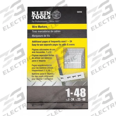 KLEIN TOOLS Individual Wire Marker: 1 to 48, Black on White - Preprinted Wire Marking Label Sheets