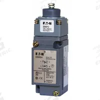 EATON Plunger Limit Switch: Plunger Actuator, Momentary/Momentary, Metallic, 8 ozf Op Force - Min (MPN E50BT26P). Key specifications — Manufacturer Part Number: E50BT26P; Brand: EATON; Electrical Connection: 8 ft Cable; Action: Momentary/Momentary; Series: E50; Body Material Type: Metallic; Actuator Type: Plunger.