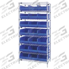 QUANTUM STORAGE SYSTEMS Bin Shelving: 36 in x 14 in x 74 in, 1 Sided, 21 Bins, Open, Shelf Bin, Blue (MPN WR8-445BL). Key specifications — Includes Bins: Yes; Bin Material: Polypropylene; Frame Color: Silver; Bin HxWxD: (21) 7 in x 11 in x 14 in; Frame Material: Steel; Bin Color: Blue; Bin Style: Shelf; Brand: QUANTUM STORAGE SYSTEMS.