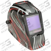 LINCOLN ELECTRIC Welding Helmet: Auto-Darkening, 4 Arc Sensors, Black/Red/Silver, Twisted Metal (MPN K3248-4). Key specifications — Color: Black/Red/Silver; Suspension Adjustment Type: Ratchet; Series: Viking 3350; Graphics: Twisted Metal; Viewing Area: 3.74 in x 3.34 in; Brand: LINCOLN ELECTRIC; Grind Mode: Yes; Helmet Material: Nylon.