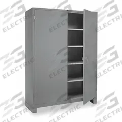 LYON Storage Cabinet: 60 in x 24 in x 82 in, Swing Handle & Padlock Hasp, 14 ga Panel Thick, Legs (MPN DD1145). Key specifications — attr62698: Gray; attr62736: Welded; attr87895: Legs; attr62693: Assembled; attr62737: Stationary; attr62694: Adjustable; attr62695: Powder Coated; attr62696: Steel.