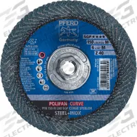 PFERD Flap Disc: Radial, 6" x 5/8"-11, Zirconia Alumina, 40 Grit, Fiberglass Bk, Std Density (MPN 67220). Key specifications — Connector Size: 5/8"-11; Series: Z SGP CURVE; Brand: PFERD.