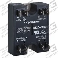 CRYDOM Dual Solid State Relay: Surface Mounted, 25 A Max Output Current, SCR, AC Output (MPN H12D4825D). Key specifications — Brand: CRYDOM; Current Type: DC; Electrical Connection: Screw Clamp; Finger Safe: No; Input Current: 12 mA; Maximum Output Current without Heat Sink: Not Recommended; Mounting Style: Panel; Output Voltage: 48 to 530V AC.