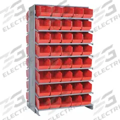 QUANTUM STORAGE SYSTEMS Pick Rack: 36 in x 24 in x 60 in, 2 Usable Sides, 16 Shelves, 144 Bins, Red (MPN QPRD-501RD). Key specifications — Bin HxWxD: (144) 4-5/8 in x 3-3/4 in x 11-5/8 in; Frame Material: Steel; Frame Color: Silver; Bin Color: Red; Brand: QUANTUM STORAGE SYSTEMS.