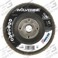 WEILER Flap Disc: Type 29, 4-1/2" x 5/8"-11, Zirconia Alumina, 40 Grit, Phenolic Bk, Std Density (MPN 31350). Key specifications — Connector Size: 5/8"-11; Series: Wolverine; Backing Plate Material: Phenolic; Brand: WEILER.