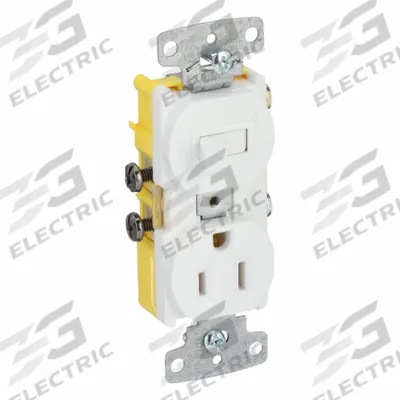 BRYANT Combination Device: Toggle Switch, 5-15R, White, 120V AC - Straight-Blade Outlets & Toggle Switches