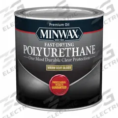 MINWAX Finish: Varnish, Interior, Oil, 0.5 pt Container Size, Wood, Semi-Gloss, Clear, Clear (MPN 230054444). Key specifications — Brand: MINWAX; Transparency: Clear; Use Location: Interior; Sheen: Semi-Gloss; Color: Clear; Resin Type: Polyurethane.