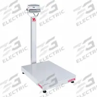OHAUS Industrial Bench Scale: 24 in x 24 in, IP67/IP68, Column-Mounted, Stainless Steel (MPN D52XW125RTV3). Key specifications — Connection Ports: Analog Output; Readability: 0.01 lb/5 g; Brand: OHAUS; Weighing Surface Material: Stainless Steel.
