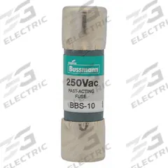 BUSSMANN Fuse: BBS Series, Midget, Fast-Acting, 10 A, 250 V AC, 13/32 in x 1 3/8 in, Non-Indicating (MPN BBS-10). Key specifications — attr1287209: BBS; attr211192: BUSSMANN.