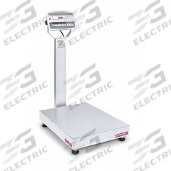 OHAUS Industrial Bench Scale: 18 in x 24 in, IP67, Column-Mounted, Defender 5000, Stainless Steel (MPN 30461698). Key specifications — Connection Ports: 2 In/4 Out Discrete I/O; Readability: 0.01 lb/5 g; Brand: OHAUS; Weighing Surface Material: Stainless Steel.