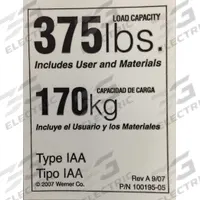 WERNER Duty Rating Label Replacement, 375 lb.: Fits Werner Brand (MPN LDR375). Key specifications — For Use With Grainger Item Number: 6W688; For Use With Mfr. Model Number: 404,406,408,410,412,7303,7304,7305,7306,7308,7310,7312,7403,7404,7405,7406,7407,7408,7410,7412,508-1,510-1,512-1,514-1,516-1,7108-1,7110-1,7112-1,7114-1,7116-1,7116-2,7120-2,7124-2,7128-2,7132-2,D520-2,D524-2,D528-2,D532-2,D7116-2,D7120-2,D7124-2,D7128-2,D7132-2,M7108-1,M7110-1,M7112-1,M7114-1,M7116-1,P404,P406,P408,P7404,P7406,P7408,T404,T406,T408,T410,T412,T7404,T7405,T7406,T7408,T7410,T7412; Fits Brand: Werner; Product Type: Duty Rating Label Replacement, 375 lb.; Brand: WERNER.