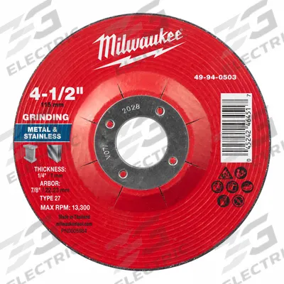 MILWAUKEE Grinding Wheel: Type 27, 4 1/2" x 1/4" x 7/8", Aluminum Oxide - General Purpose Grinding Wheels for Carbon & Stainless Steel
