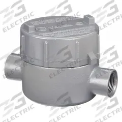 Conduit Outlet Body: Aluminum, GE, 1/2 in Trade Size, C Body, 19 cu in Body Capacity (MPN GECCT-1). Key specifications — Series: For Standard Body; Compatible Conduit Trade Size: 1/2 in; Thread Gender: Female; Hub Style: Threaded; Cover Included: Yes; Body Style: C; Connection Type: Threaded; Back Type: Flat.