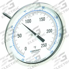 ASHCROFT Dial Thermometer: 0°F to 250°F /-20°C to 120°C, ±1% Accuracy, 2.5 in Stem Lg, 5 in Dial Dia (MPN 50EI60E). Key specifications — Accuracy: ±1 %; Brand: ASHCROFT.