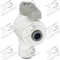 PARKER Manual Two-Way Ball Valve: 1/4 in, Polypropylene, Angle, Push x Push, Full Port Ball Port (MPN LFPP4VEU4). Key specifications — Brand: PARKER; Handle: Lever.
