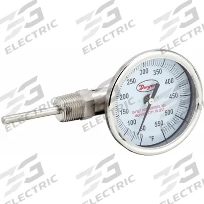 Dwyer Dial Thermometer: 50°F to 500°F, ±2%Full Scale Accuracy, 6 in Stem Lg - Side- & Bottom-Mount Fixed-Angle Thread-Mount Dial Thermometers