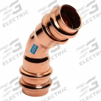 STREAMLINE Crimp Elbow Fitting: 45° Elbow, 1 3/8 in CTS x 1 3/8 in CTS size, Press-fit x Press-fit (MPN RP03050). Key specifications — Brand: STREAMLINE; Broad - Material for Bullet: Copper Or Bronze; Fitting Size: 1-3/8 in CTS x 1-3/8 in CTS.