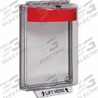 SAFETY TECHNOLOGY INTERNATIONAL Universal Stopper Cover: Polycarbonate, 2 11/16 in Overall Dp (MPN STI-13010NR). Key specifications — Manufacturer Part Number: STI-13010NR; Brand: SAFETY TECHNOLOGY INTERNATIONAL; Color: Clear; For Location: Outdoor; For Use With: Dual Action Pull Stations; IP Rating: IP56; Includes: Mounting Hardware; Legend: LIFT HERE.