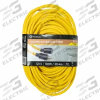 SOUTHWIRE Extension Cord: Outdoor Use, 100 ft Lg, Outlet, L5-20P, 12/3, SJTW, Yellow, 15 A Current (MPN 9209SW8802). Key specifications — Brand: SOUTHWIRE; Temperature Rating: -40 Degrees to 140 Degrees F; NEMA Plug Configuration: L5-20P.