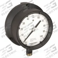 ASHCROFT Process Pressure Gauge: 0 psi to 100 psi, White, 4 1/2 in Dial, 1/2 in NPT Male, Bottom, 4X (MPN 451379SSL04L100#). Key specifications — Brand: ASHCROFT; Pointer Color: Black; Accuracy: ±0.5%; Dial Color: White; Gauge Wetted Parts: Stainless Steel; Case Material: Epoxy-Coated Aluminum; Vibration Resistance Properties: Liquid-Filled; Pressure Range: 0 psi to 100 psi.