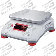 OHAUS Food Scale: 7 1/2 in Weighing Surface Dp, 9 1/2 in Weighing Surface Wd, 4 7/8 in Overall Ht (MPN V22PWE3T). Key specifications — Readability: 0.001 lb/0.5 g; Brand: OHAUS; IP Rating: IPX8.